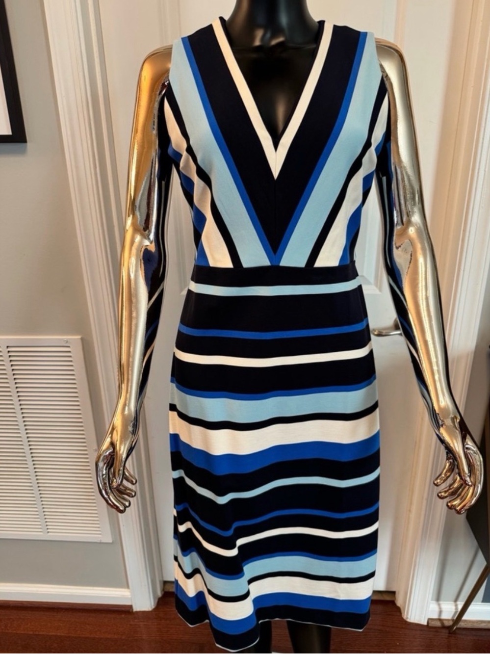 Banana Republic Navy, Royal & Light Blue Striped V-Neck Dress NWT